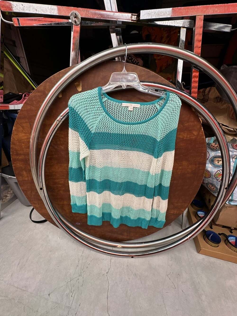 Boston Proper Open-Knit Striped Long Sleeve Sweater in Teal and White